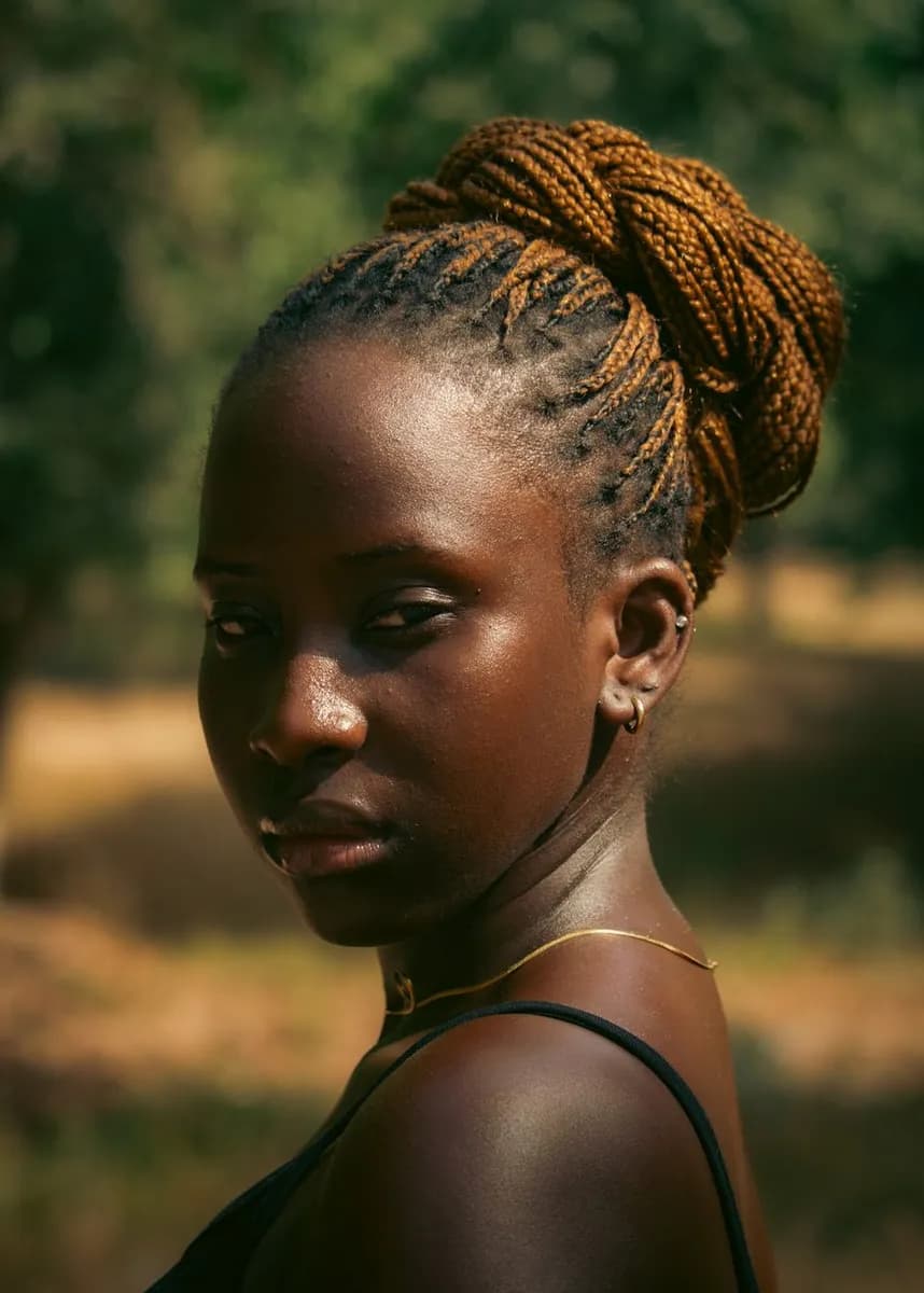 Striking portrait of a woman with braided hair in a natural setting.